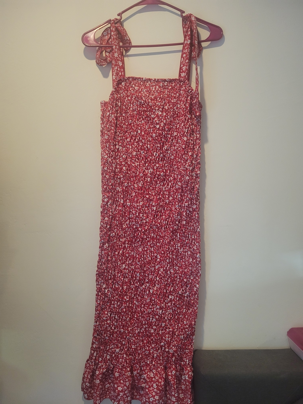 SHEIN Red Floral Tie-Strap Smocked Maxi Dress